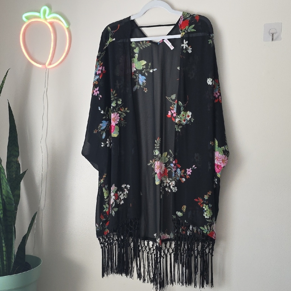Xhilaration Black Kimono with Floral Design